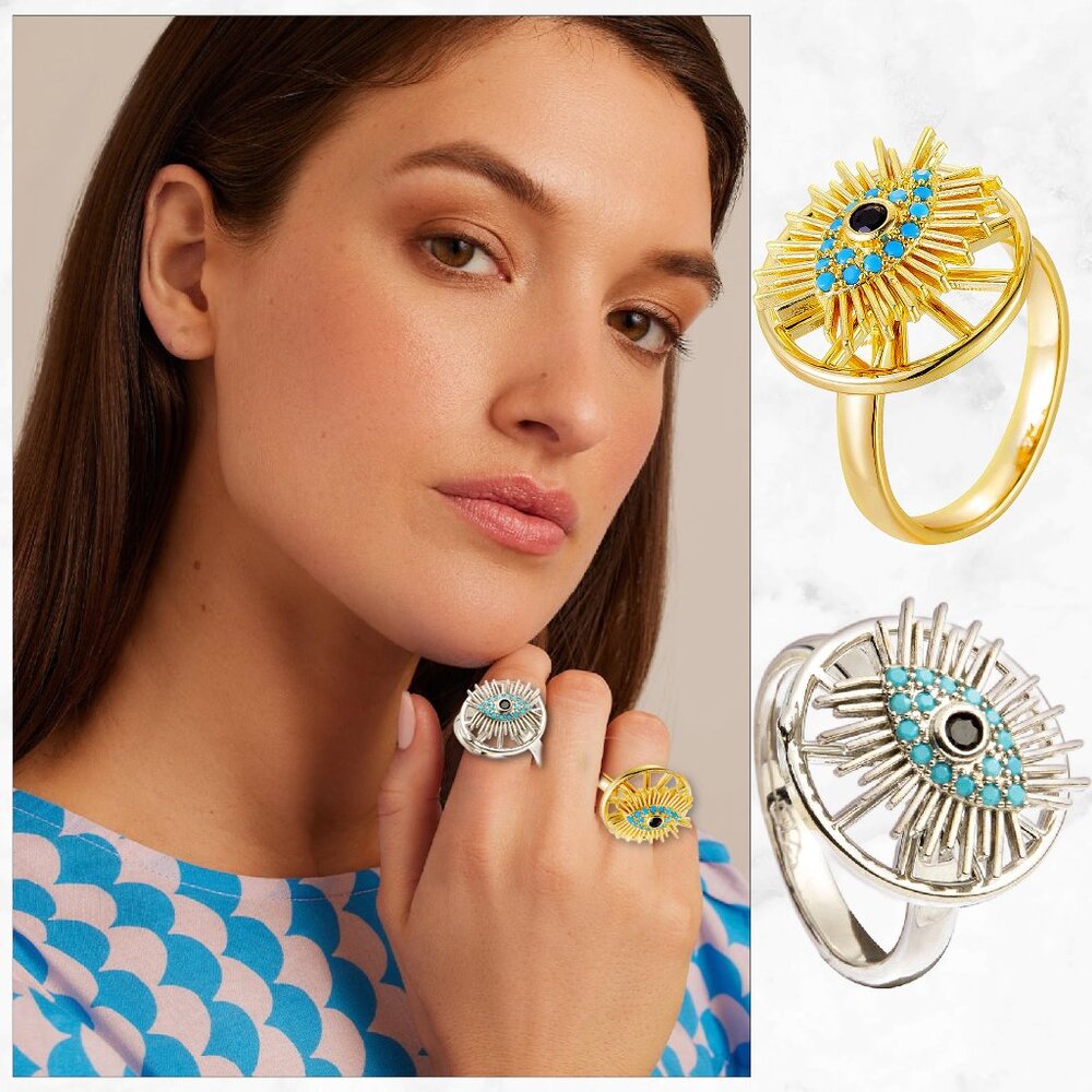 NEW Evil Eye Ring in 18K White or Yellow Gold Plated Stainless Steel Size 6